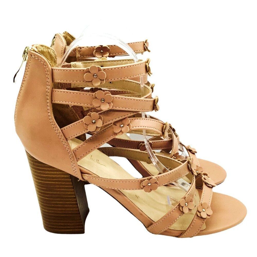 Nicole Miller Daisy Strappy Sandals Flower Embellishments 10 Block Heel Tan